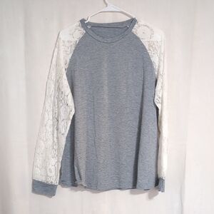 Gray White Lace Sheer Sleeve Baseball Style Tee Size 1x